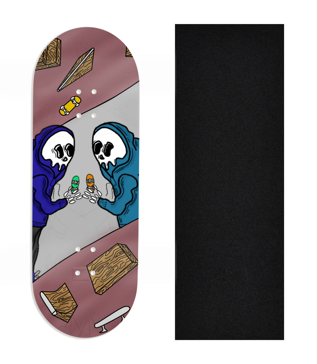 Teak Tuning Heat Transfer Graphic Wooden Fingerboard Deck, Design Contest 2024 Winner, originalfingerking - "Grim Buds" 32mm Deck