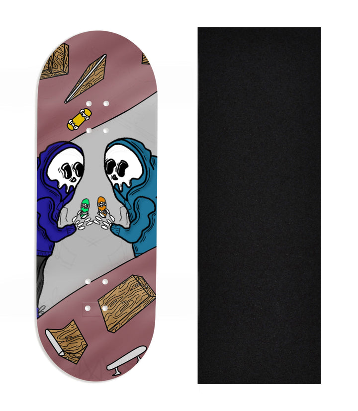 Teak Tuning Heat Transfer Graphic Wooden Fingerboard Deck, Design Contest 2024 Winner, originalfingerking - "Grim Buds" 32mm Deck