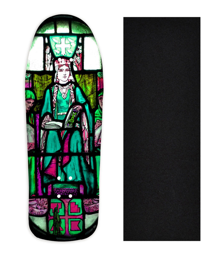Teak Tuning Heat Transfer Graphic Wooden Fingerboard Deck, "Queen Margaret Stained Glass" Carlsbad Cruiser Deck