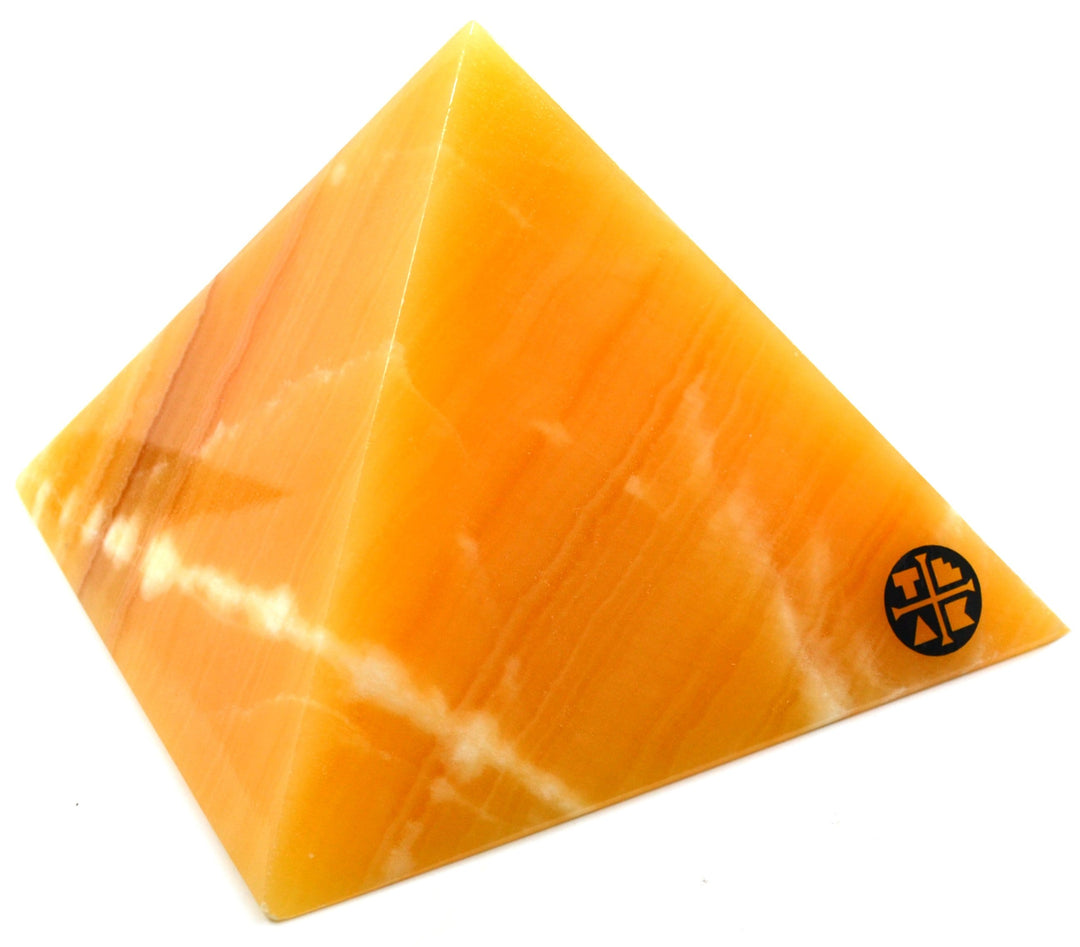 Teak Tuning Orange Calcite Crystal Pyramid (8" Base)