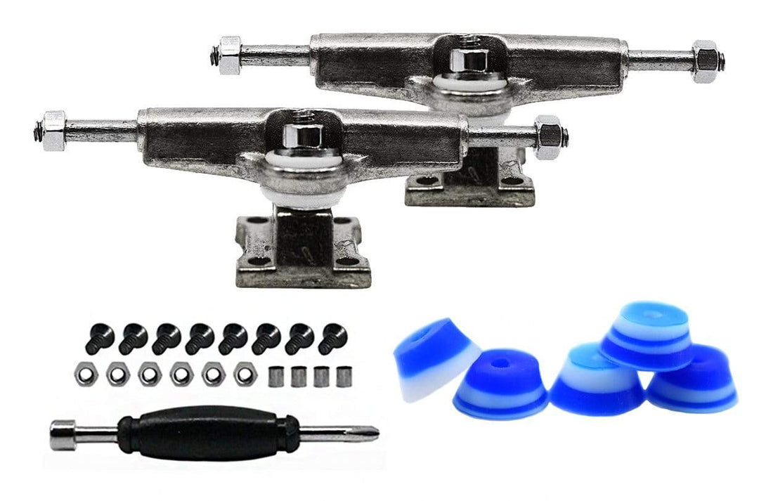 Teak Tuning Fingerboard Spacer Trucks, Chrome Silver - Includes Set of 5 Blue & White Swirl Bubble Bushings - 32mm Width