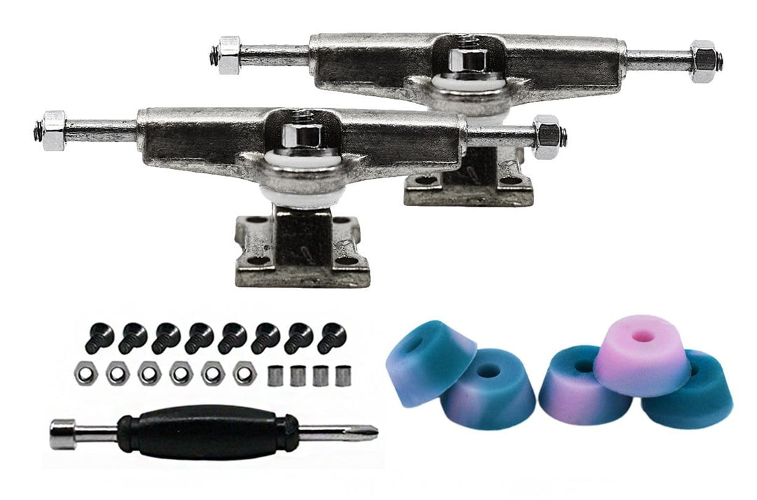 Teak Tuning Fingerboard Spacer Trucks, Chrome Silver - Includes Pro Duro 61A Bubble Bushings in Pink & Teal Swirl - 32mm Width
