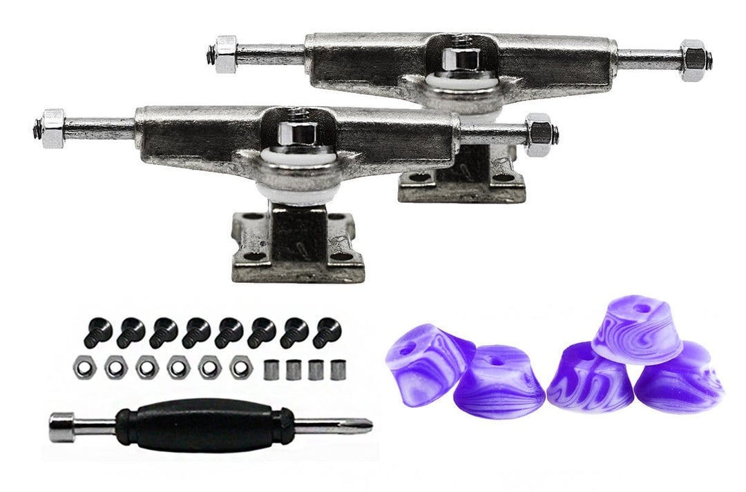 Teak Tuning Fingerboard Spacer Trucks, Chrome Silver - Includes Set of 5 Purple & White Swirl Bubble Bushings - 32mm Width