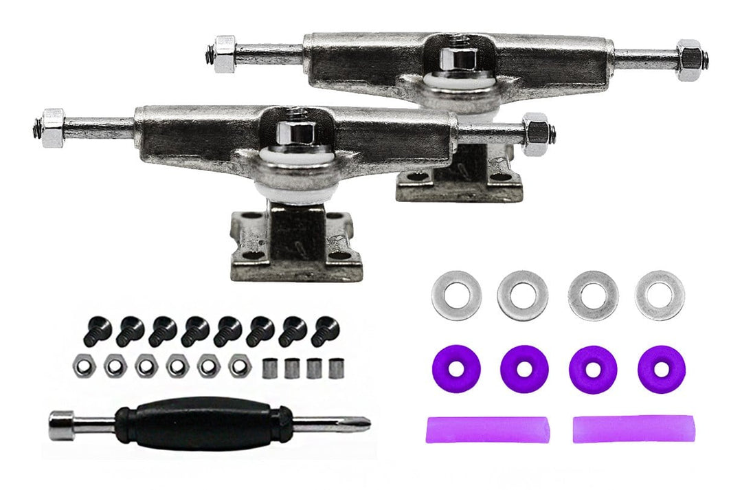 Teak Tuning Fingerboard Spacer Trucks, Chrome Silver - Includes Purple O-Ring Tuning - 32mm Width