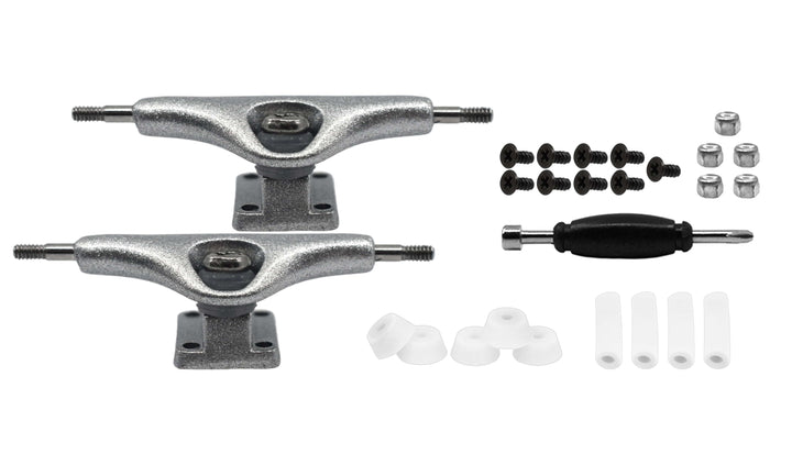 Teak Tuning Prodigy Pro Plus Trucks, Silver Colorway - 32mm Wide - Includes 61A Pro Duro Bubble Bushings in Clear Glow + 2 Clear Pivot Cups