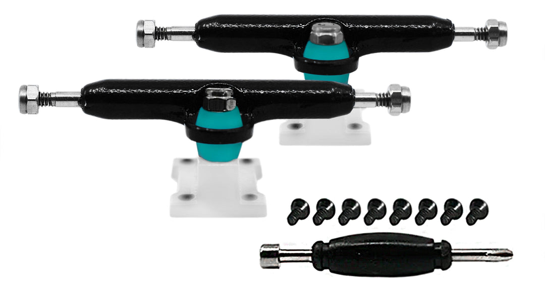 Teak Tuning Professional Shaped Prodigy Trucks, Black and White "Penguin" Colorway - 32mm Wide - Includes Free 61A Pro Duro Bubble Bushings in Teak Teal Penguin Colorway