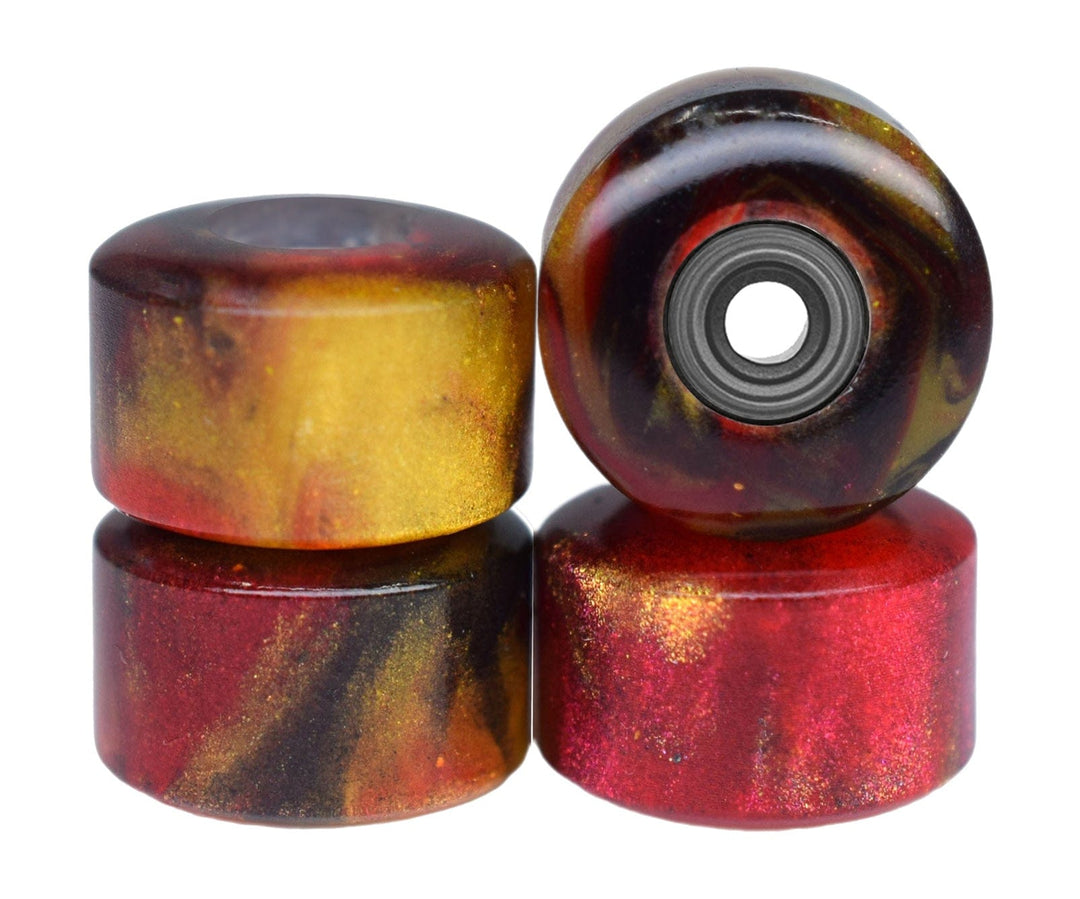 Teak Tuning Apex Urethane Fingerboard Wheels, New Street Style, Geode Series - ABEC-9 Stealth Bearings - 77D - Red Agate Swirl Colorway