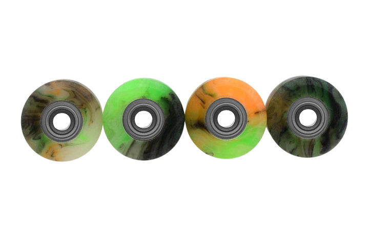 Teak Tuning Apex 61D Urethane Fingerboard Wheels, Mini "Shorty" Shape, Premium ABEC-9 Stealth Bearings - Spooky Swirl Colorway - Set of 4