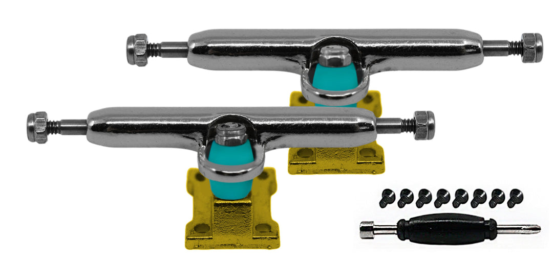 Teak Tuning Professional Shaped Prodigy Trucks, Silver and Gold "Beamers" Colorway - 32mm Wide- Includes Free 61A Pro Duro Bubble Bushings in Teak Teal Beamers Colorway