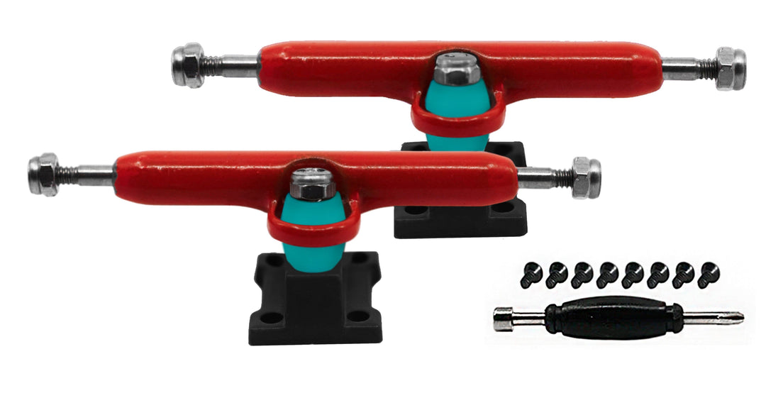 Teak Tuning Professional Shaped Prodigy Trucks, Red and Black "Ladybird" Colorway - 32mm Wide- Includes Free 61A Pro Duro Bubble Bushings in Teak Teal