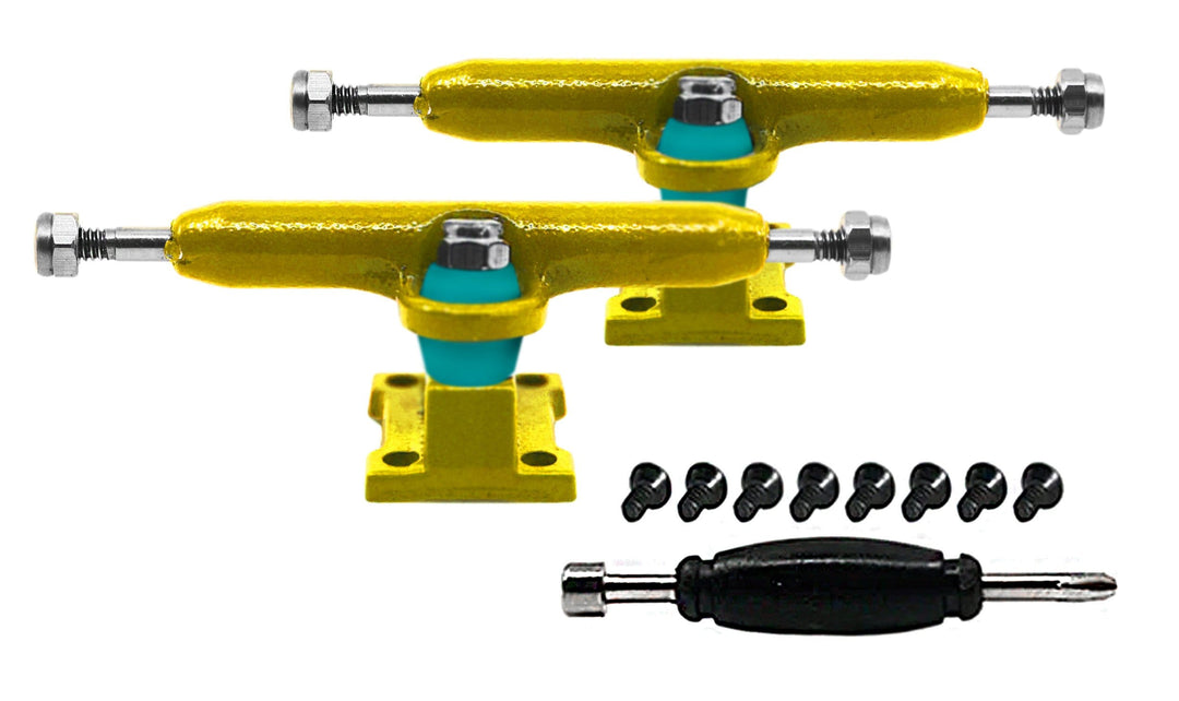 Teak Tuning Professional Shaped Prodigy Trucks,  Yellow Colorway - 32mm Wide - Includes Free 61A Pro Duro Bubble Bushings in Teak Teal Yellow