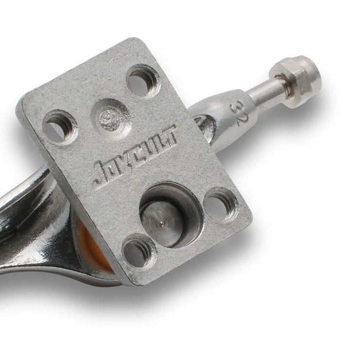 Close-up of Independent logo stamp on Joycult Stage 11 fingerboard truck hanger