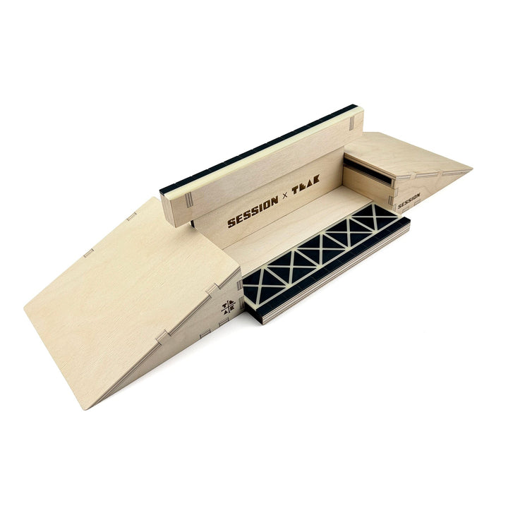 Session Fingerboards Modular Wooden Fingerboard Ramp - "The Junction" - Dual Kickers + Triple-Sided Rail/Ledge Block