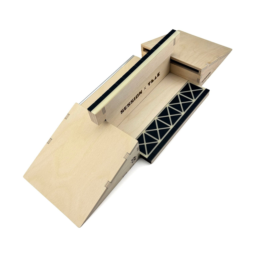 Session Fingerboards Modular Wooden Fingerboard Ramp - "The Junction" - Dual Kickers + Triple-Sided Rail/Ledge Block