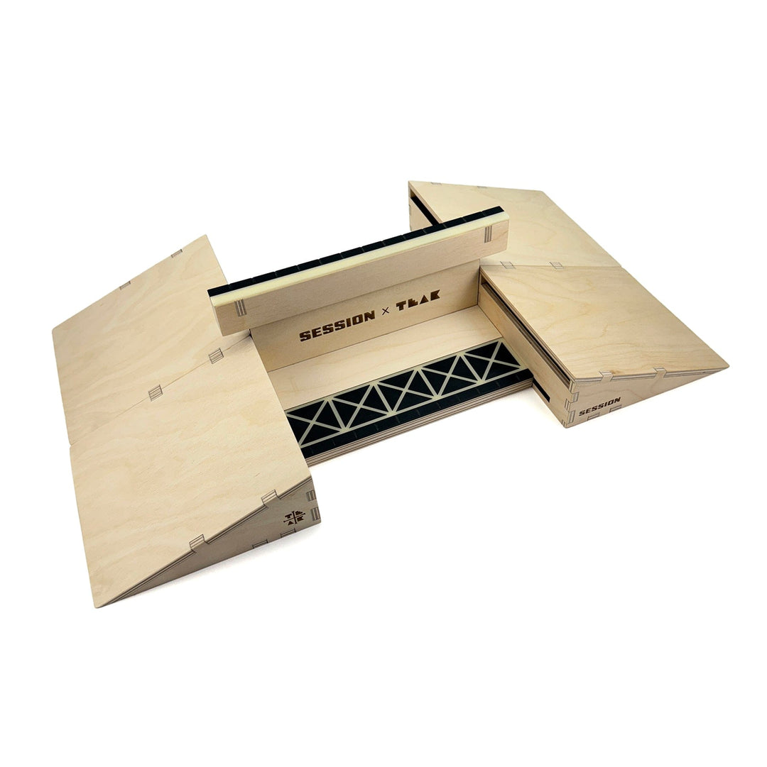 Session Fingerboards Modular Wooden Fingerboard Ramp - "The Junction" - Dual Kickers + Triple-Sided Rail/Ledge Block
