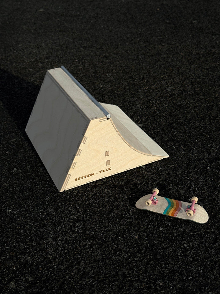 Session Fingerboards The Mini Quarter Bank - Short Quarter Pipe with a Banked Wall + Aluminum Bar Coping
