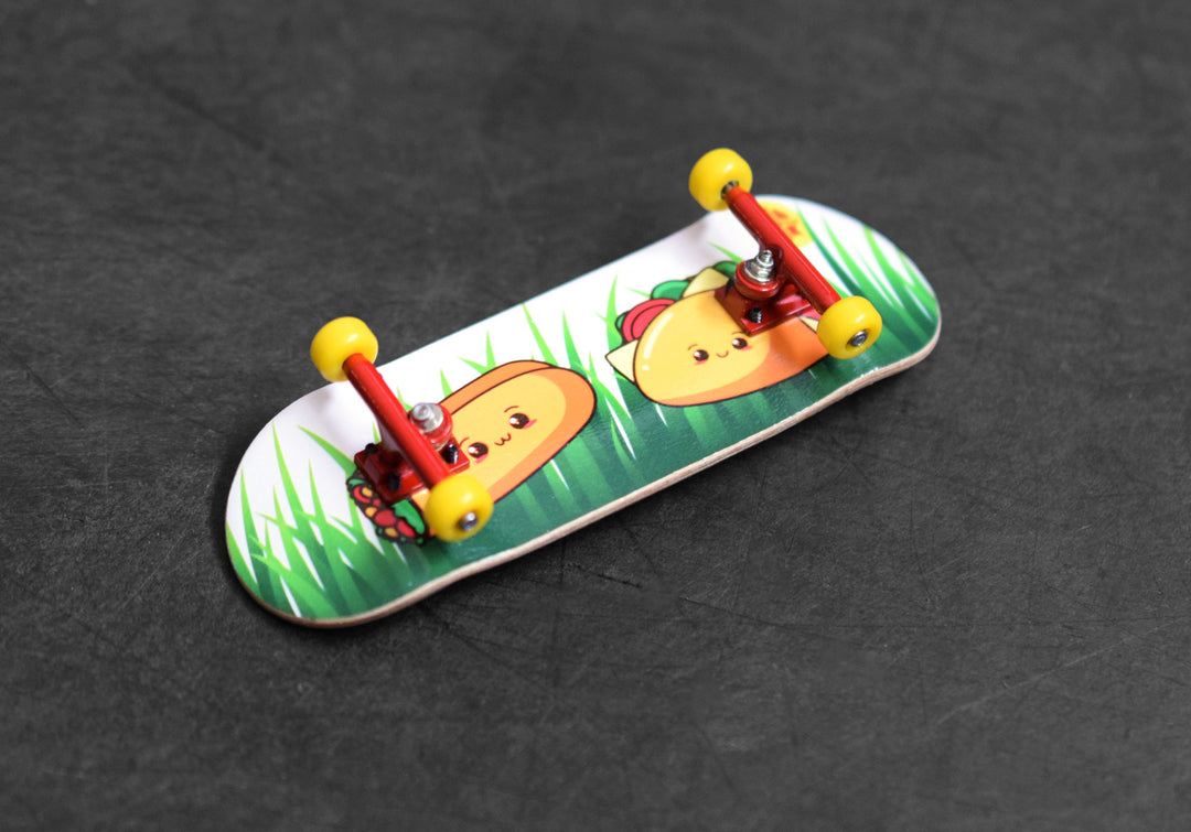 Teak Tuning 32mm Prolific Gen2 Fingerboard Complete - "Happy Tacos" Graphic - Gen2 Prodigy Trucks + Pro Duro Bubble Bushings