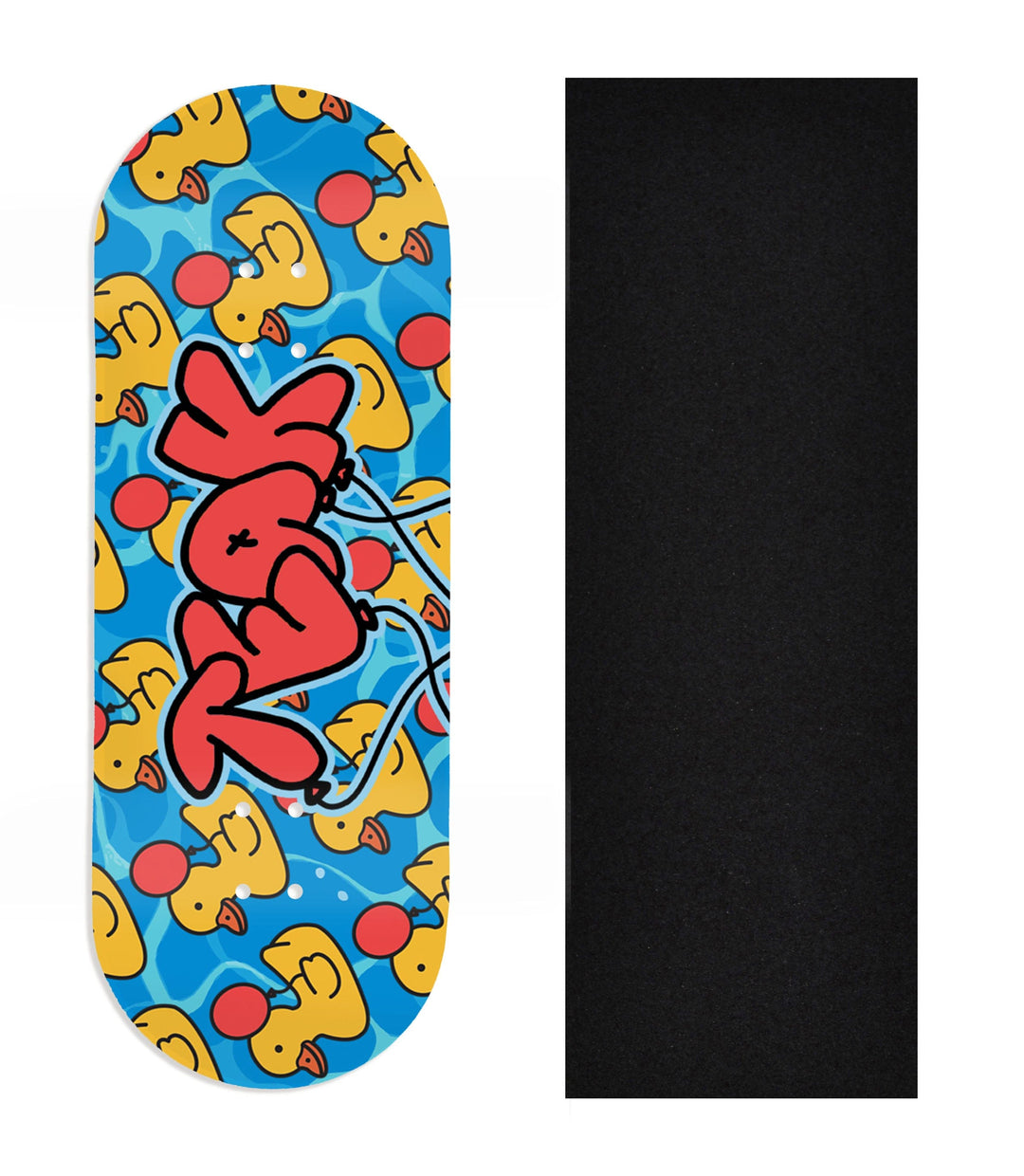 Teak Tuning Heat Transfer Graphic Wooden Fingerboard Deck, Design Contest 2025 Winner, @jakobrosedesign - "Quack Attack" 34mm Deck