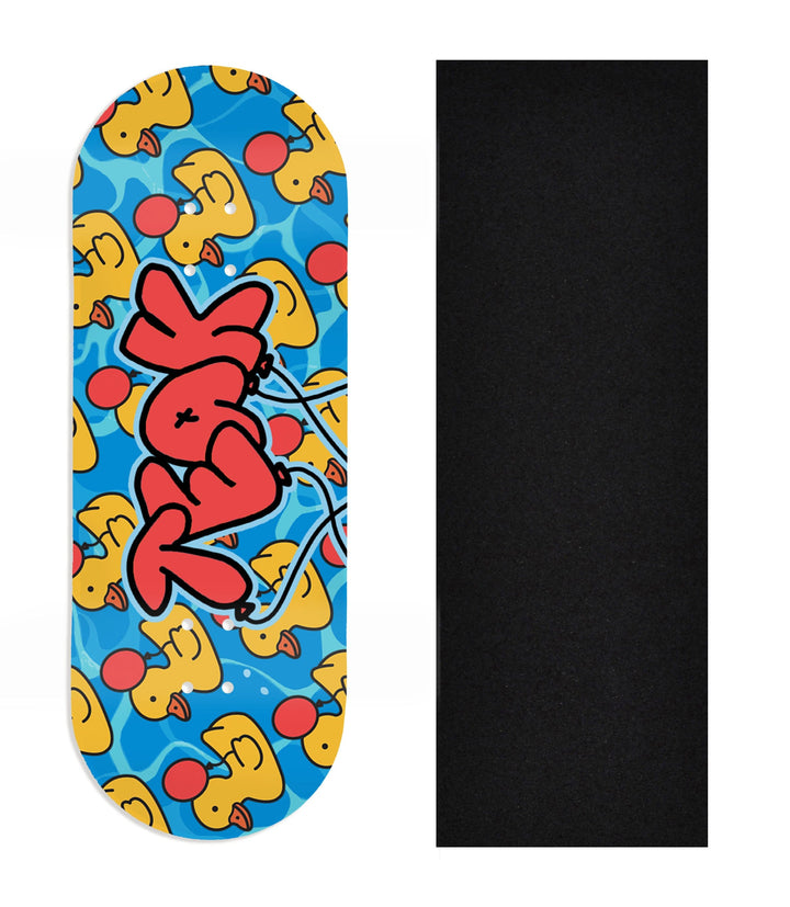 Teak Tuning Heat Transfer Graphic Wooden Fingerboard Deck, Design Contest 2025 Winner, @jakobrosedesign - "Quack Attack" 34mm Deck