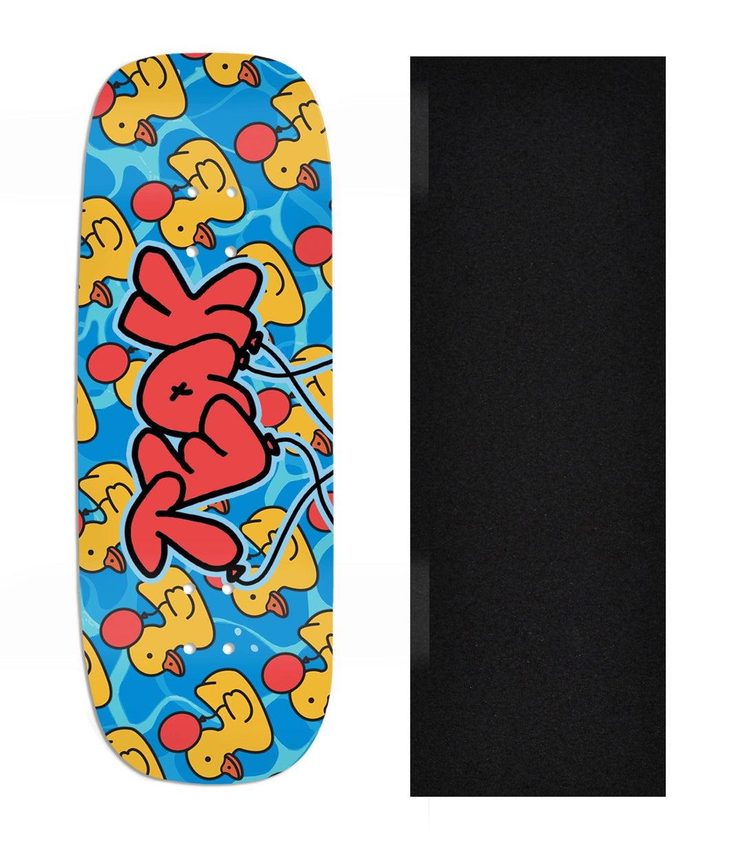 Teak Tuning Heat Transfer Graphic Wooden Fingerboard Deck, Design Contest 2025 Winner, @jakobrosedesign - "Quack Attack" Boxy Deck