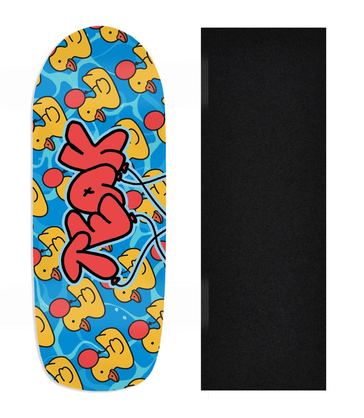 Teak Tuning Heat Transfer Graphic Wooden Fingerboard Deck, Design Contest 2025 Winner, @jakobrosedesign - "Quack Attack" Poolparty Deck