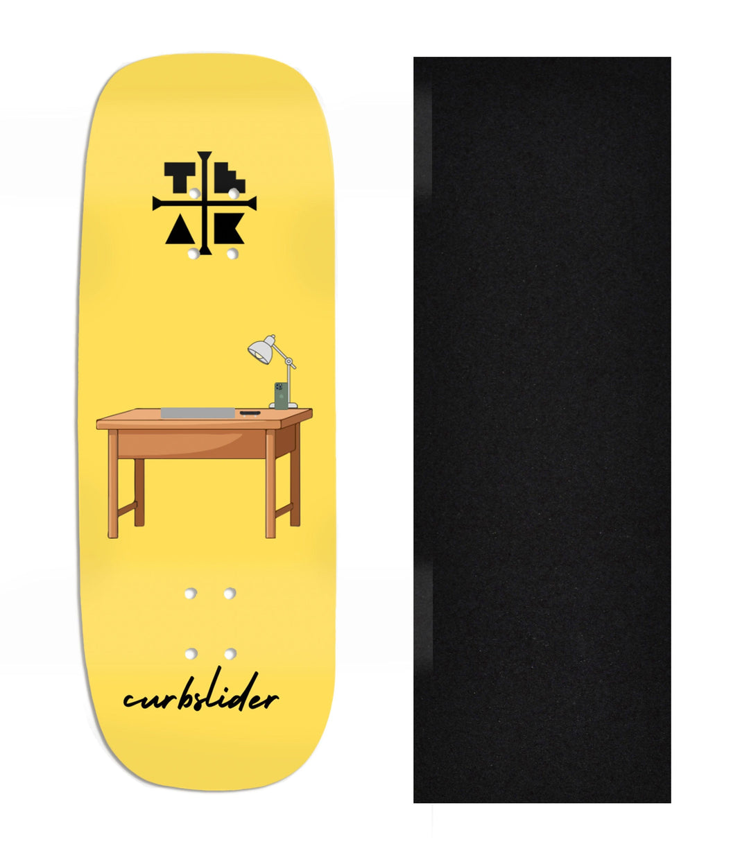 Teak Tuning Heat Transfer Graphic Wooden Fingerboard Deck, Design Contest 2025 Winner, @curbslider - "Desk Sesh" Boxy Deck