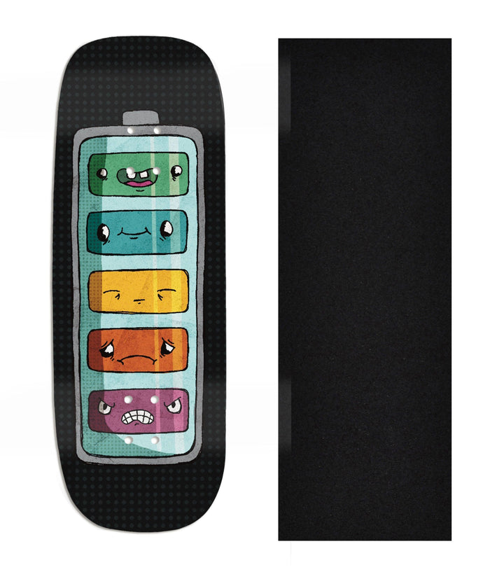 Teak Tuning Heat Transfer Graphic Wooden Fingerboard Deck, Design Contest 2025 Winner, @mandrake_creative - "Battery Life" Boxy Deck