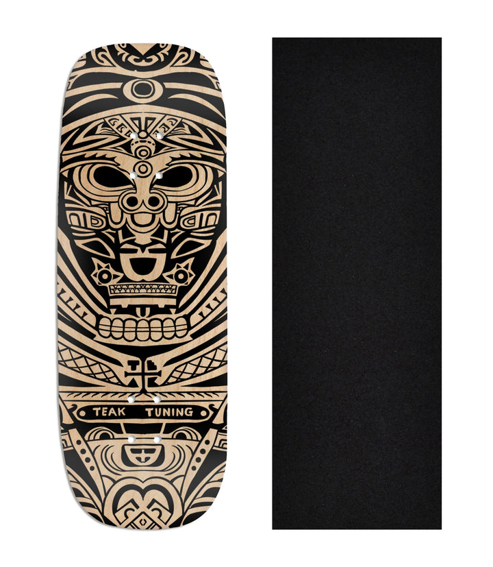 Teak Tuning Heat Transfer Graphic Wooden Fingerboard Deck, "Tiki Tuning" Boxy Deck