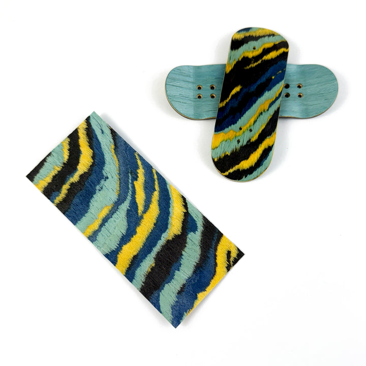 Teak Tuning Pro Fingerboards Blue/Yellow Cosmic Tide Veneer - 5 Sheets of Unique Veneer for Making Fingerboard Decks