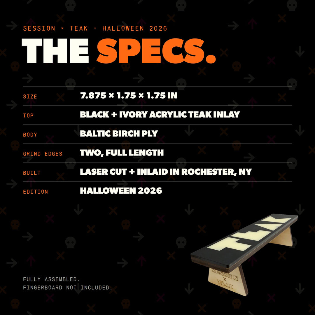 Session Fingerboards Session x Teak Halloween Bench - 7.875" Wooden Fingerboard Grind Obstacle, Ivory Inlay - Limited Edition