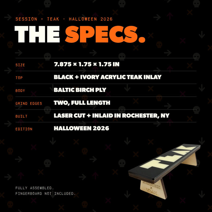 Session Fingerboards Session x Teak Halloween Bench - 7.875" Wooden Fingerboard Grind Obstacle, Ivory Inlay - Limited Edition