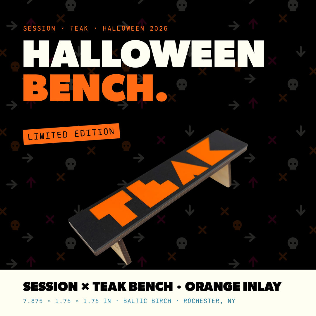 Session Fingerboards Session x Teak Halloween Bench - 7.875" Wooden Fingerboard Grind Obstacle, Orange Inlay - Limited Edition