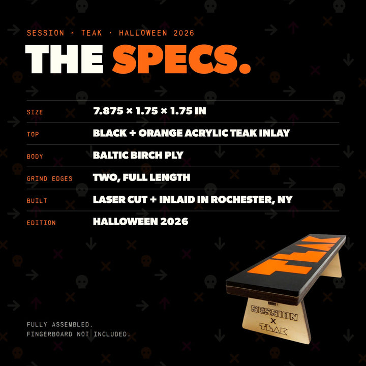 Session Fingerboards Session x Teak Halloween Bench - 7.875" Wooden Fingerboard Grind Obstacle, Orange Inlay - Limited Edition