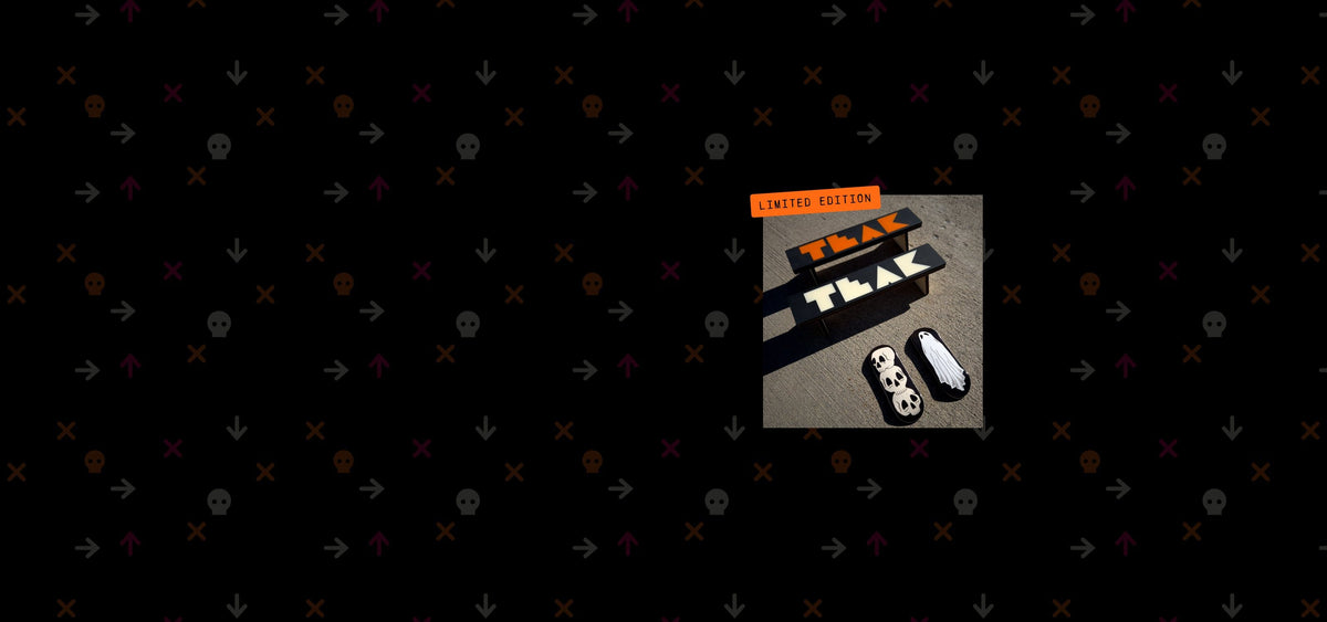 The Halloween drop: Session x Teak benches with orange and ivory TEAK inlays and the Ghost and Skulls Flow decks
