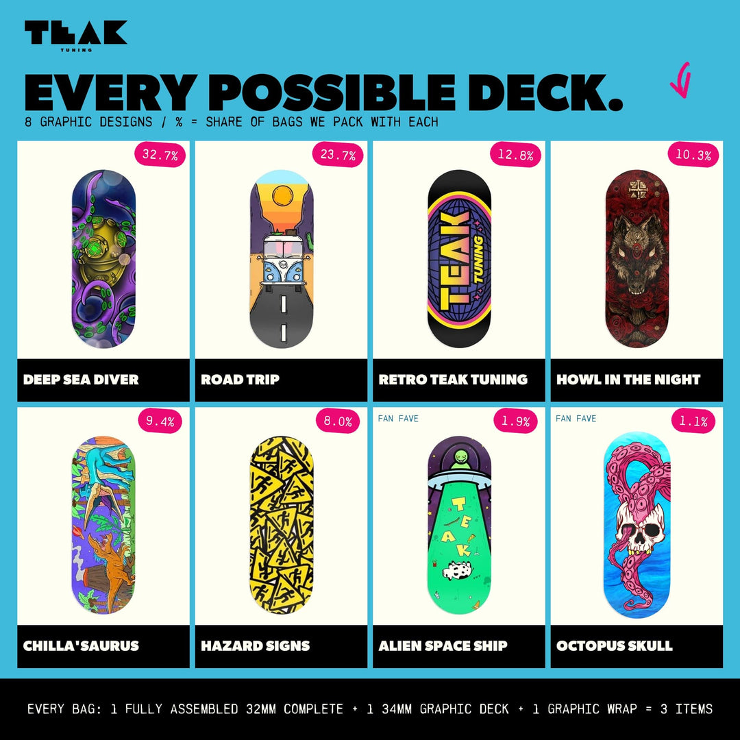 Teak Tuning Mystery Fingerboard Complete + Deck - 32mm Prolific Complete + 34mm Graphic Deck + Graphic Wrap