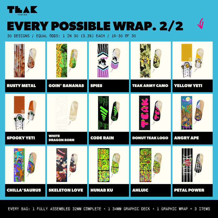 Teak Tuning Mystery Fingerboard Complete + Deck - 32mm Prolific Complete + 34mm Graphic Deck + Graphic Wrap