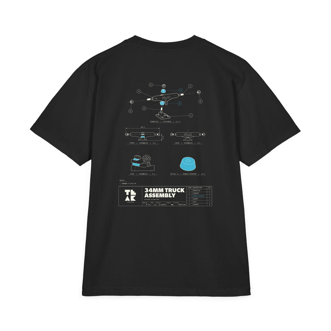 TK-34 Truck Assembly Tee in black, back: off-white engineering drawing of a prototype 34mm fingerboard truck with teal Bubble Bushings