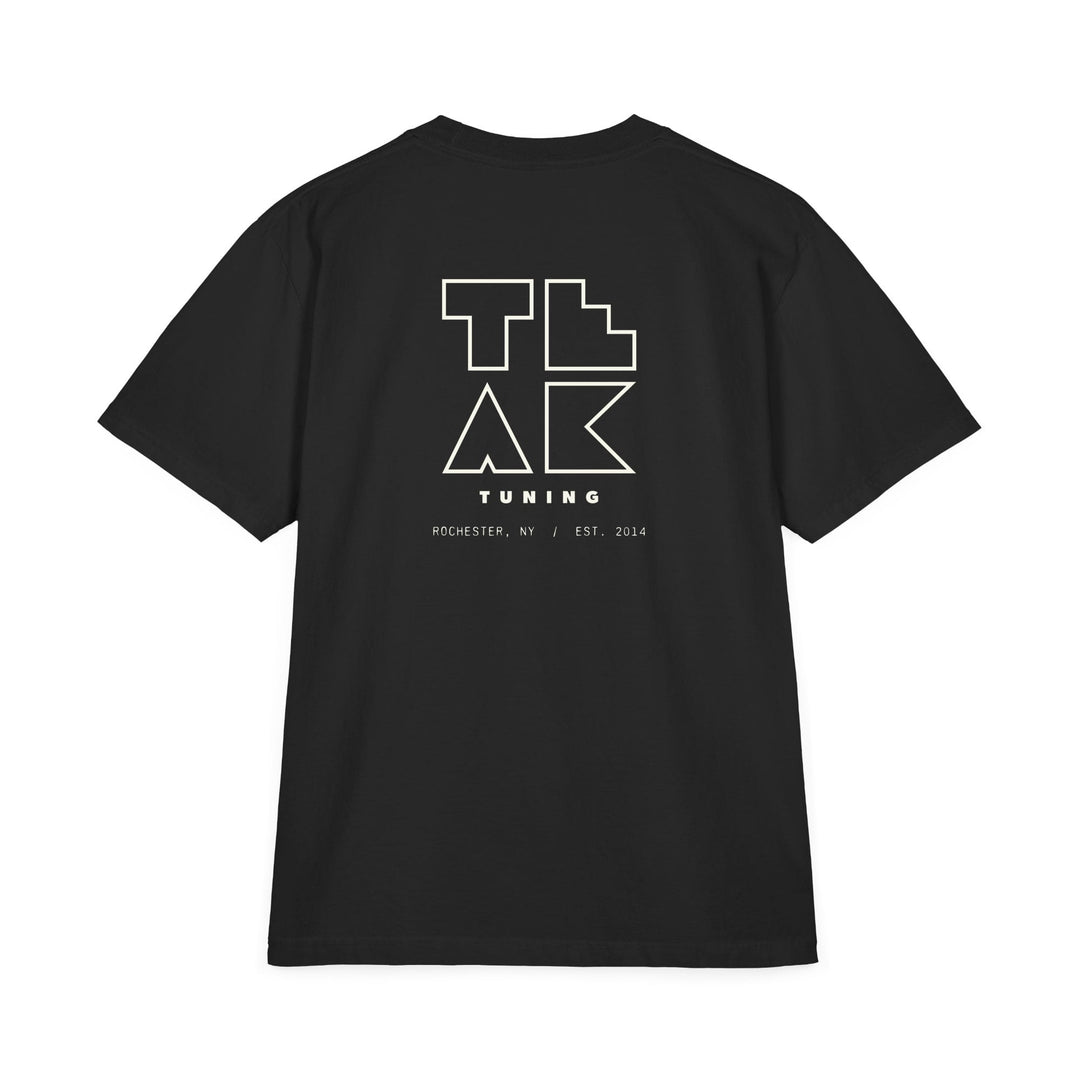 TEAK Outline Logo Tee in black, back: stacked TEAK TUNING logo in off-white outline over Rochester, NY / Est. 2014