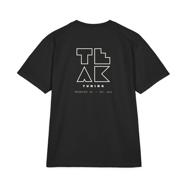 TEAK Outline Logo Tee in black, back: stacked TEAK TUNING logo in off-white outline over Rochester, NY / Est. 2014