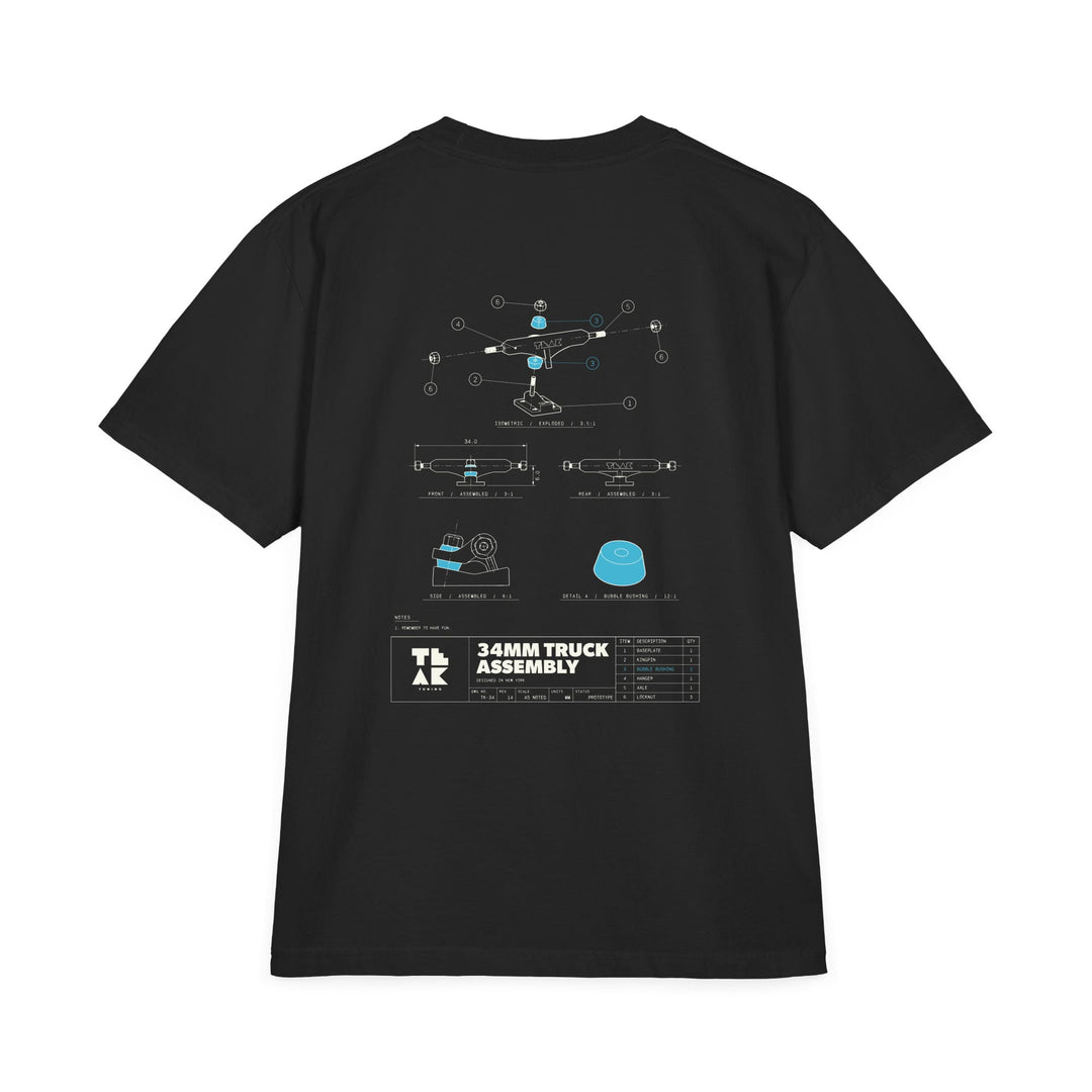 TK-34 Truck Assembly Tee in black, back: off-white engineering drawing of a prototype 34mm fingerboard truck with teal Bubble Bushings
