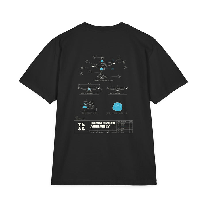 TK-34 Truck Assembly Tee in black, back: off-white engineering drawing of a prototype 34mm fingerboard truck with teal Bubble Bushings
