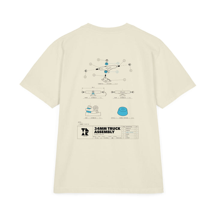 TK-34 Truck Assembly Tee in cream, back: black engineering drawing of a prototype 34mm fingerboard truck with teal Bubble Bushings