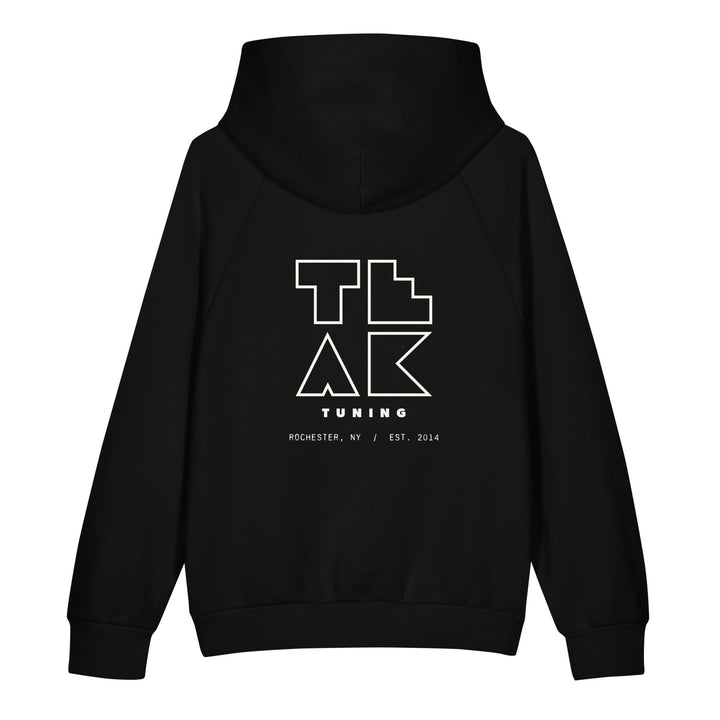 TEAK Outline Logo Heavyweight Hoodie in black, back: stacked TEAK TUNING logo in off-white outline over Rochester, NY / Est. 2014