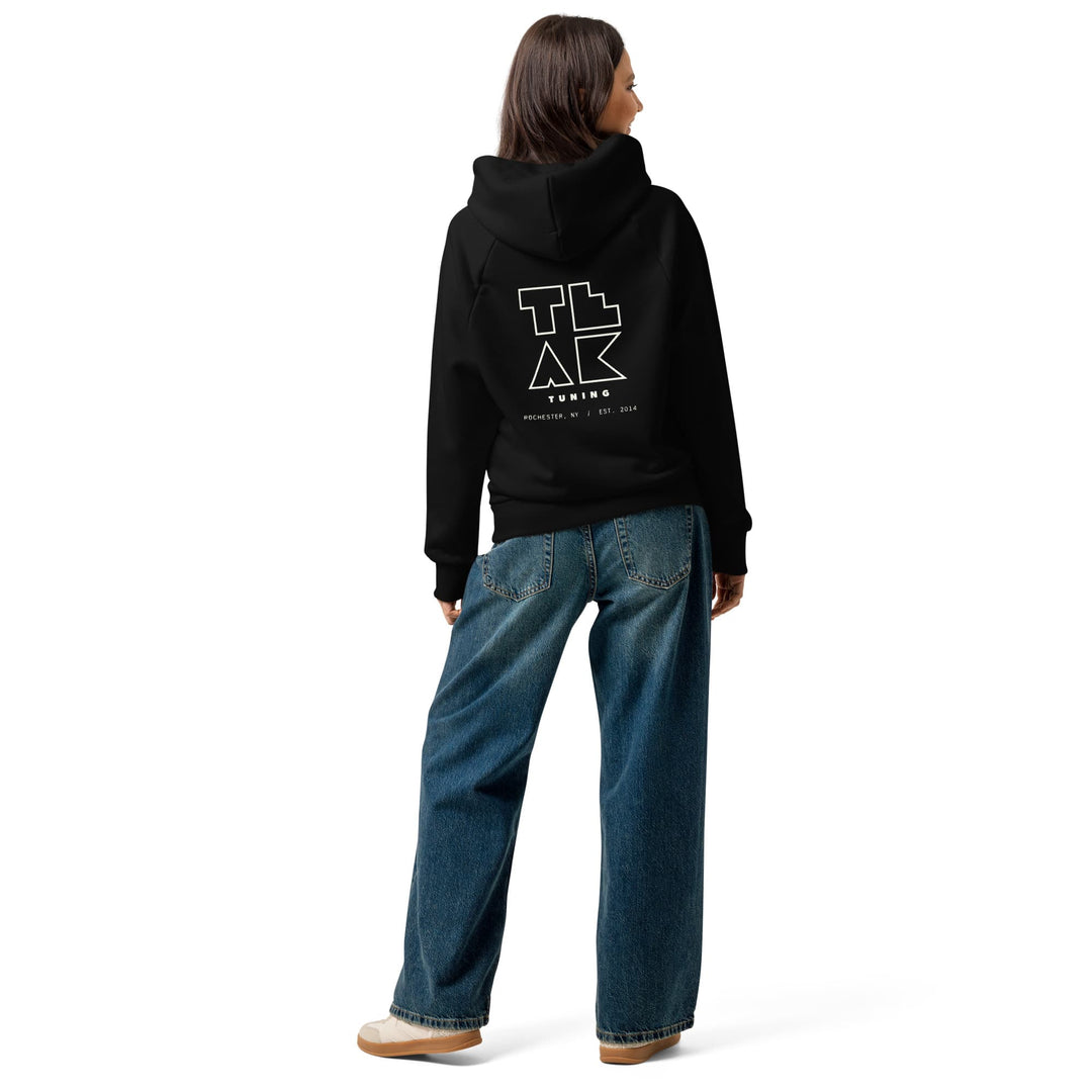 TEAK Outline Logo Heavyweight Hoodie in black, worn, back view
