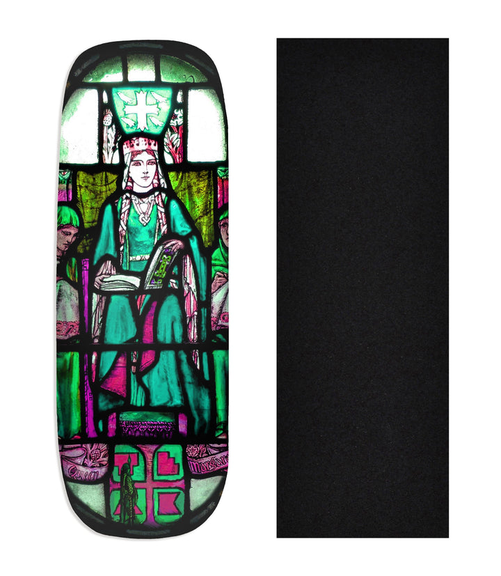 Teak Tuning Heat Transfer Graphic Wooden Fingerboard Deck, "Queen Margaret Stained Glass" Boxy Deck