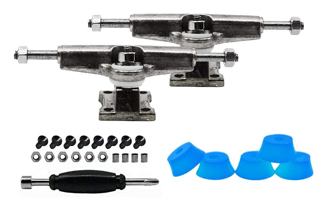 Teak Tuning Fingerboard Spacer Trucks, Chrome Silver - Includes Set of 5 Blue Glow Bubble Bushings - 32mm Width