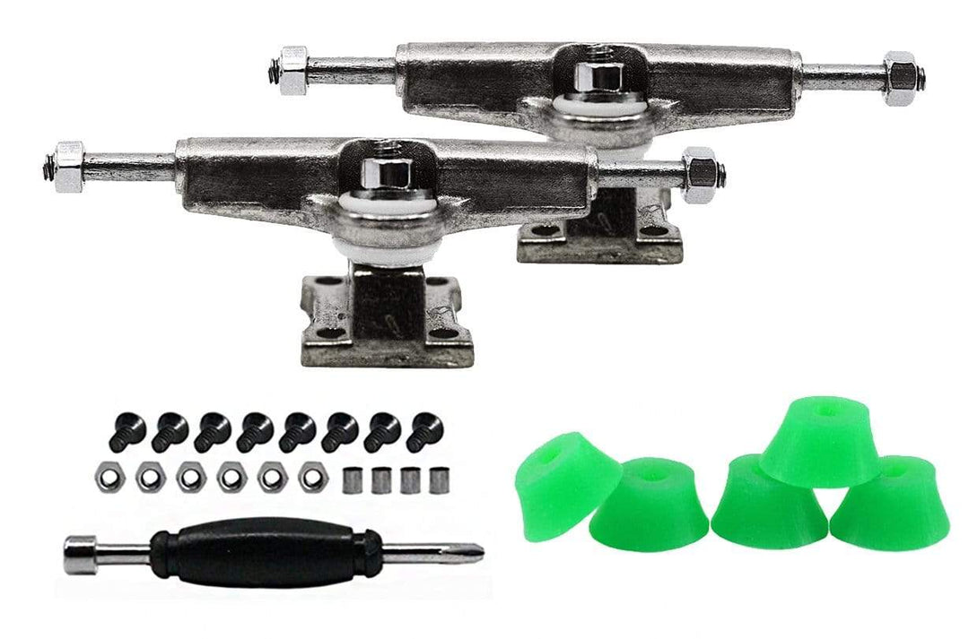 Teak Tuning Fingerboard Spacer Trucks, Chrome Silver - Includes Set of 5 Green Glow Bubble Bushings - 32mm Width