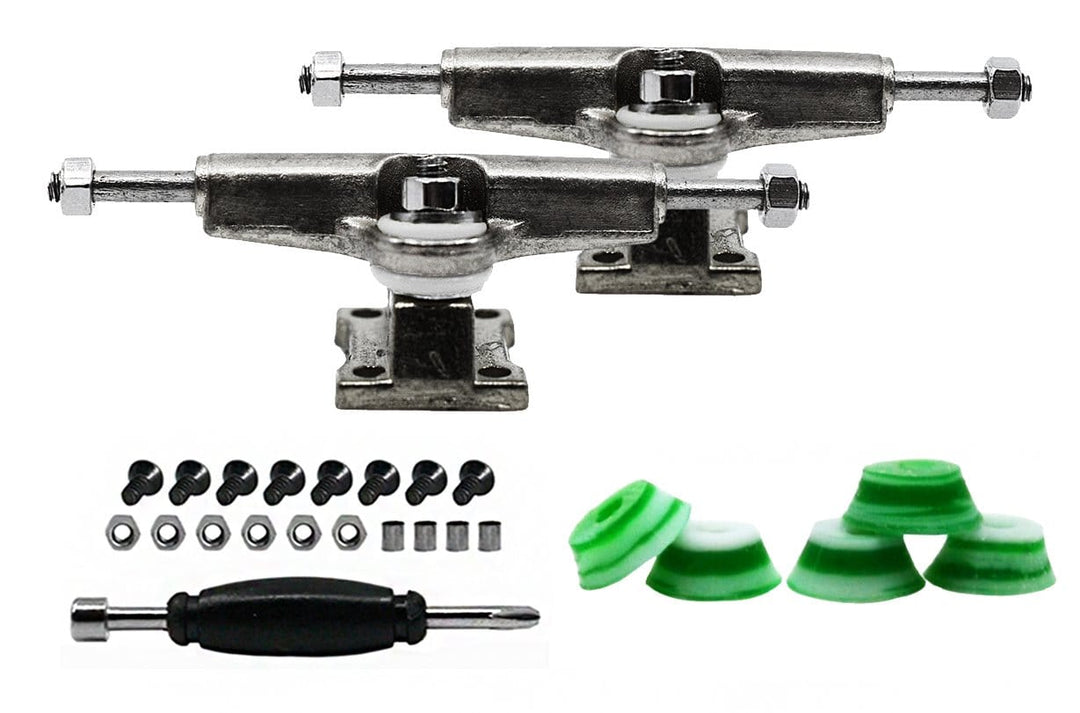 Teak Tuning Fingerboard Spacer Trucks, Chrome Silver - Includes Set of 5 Green & White Swirl Bubble Bushings - 32mm Width