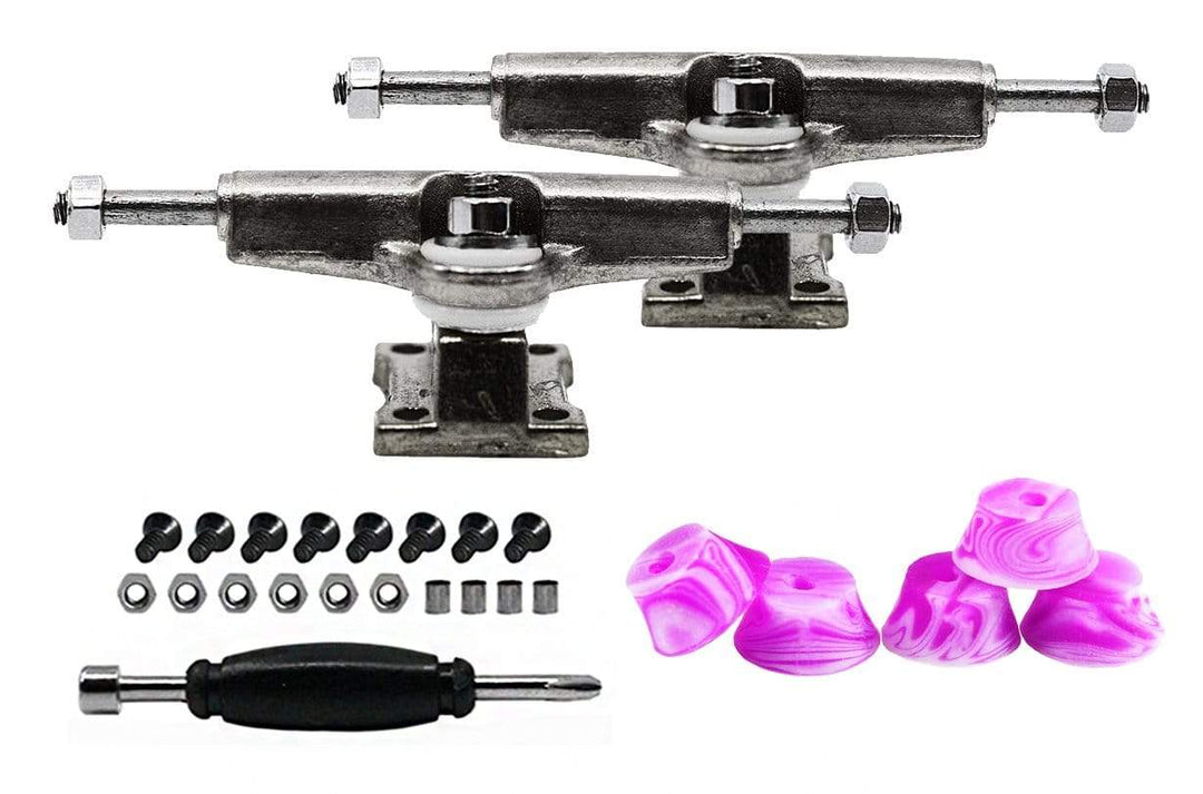 Teak Tuning Fingerboard Spacer Trucks, Chrome Silver - Includes Set of 5 Pink & White Swirl Bubble Bushings - 32mm Width