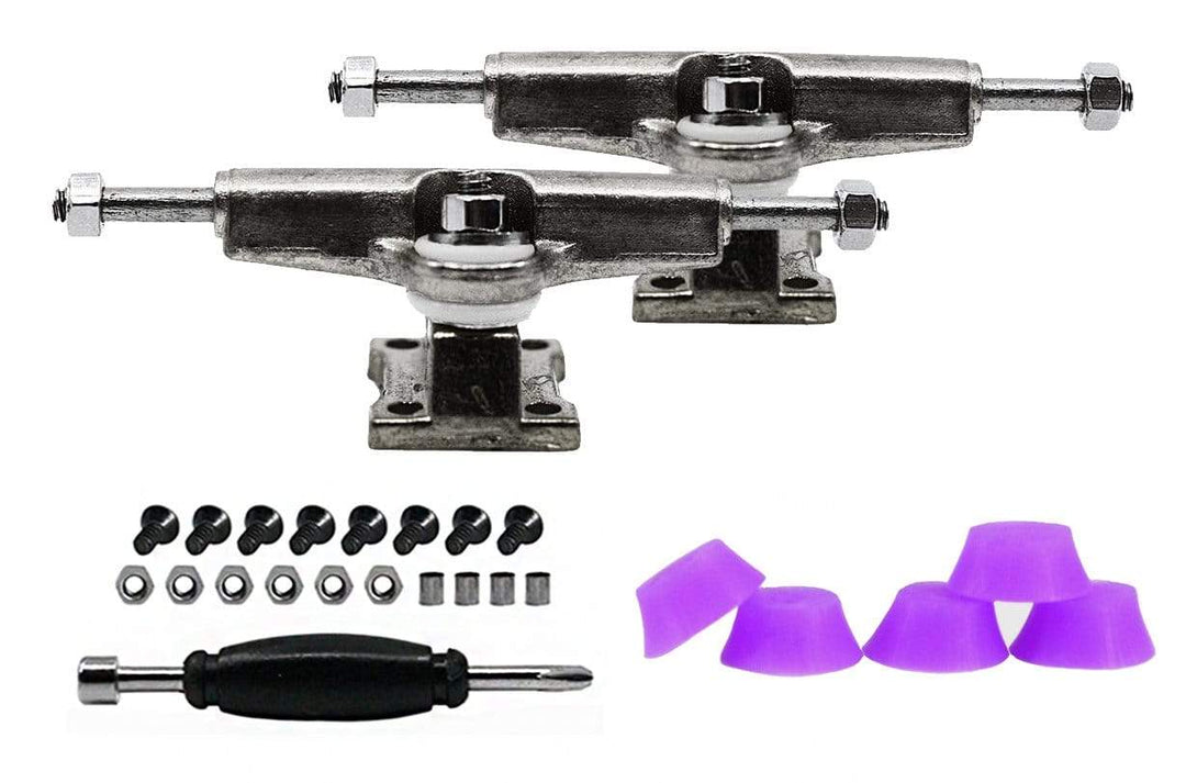 Teak Tuning Fingerboard Spacer Trucks, Chrome Silver - Includes Set of 5 Purple Glow Bubble Bushings - 32mm Width